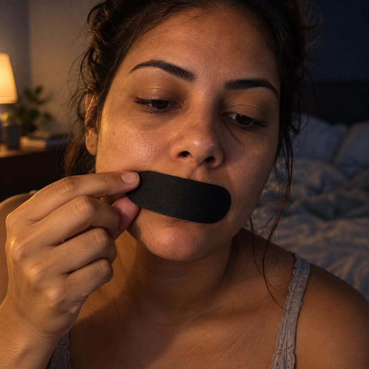Mulher aplicando a fita bucal Soneca antes de dormir, luz de abajur