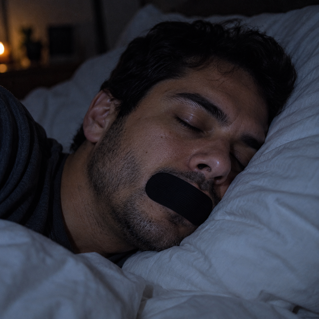 Homem dormindo de lado com a fita bucal Soneca, respirando pelo nariz