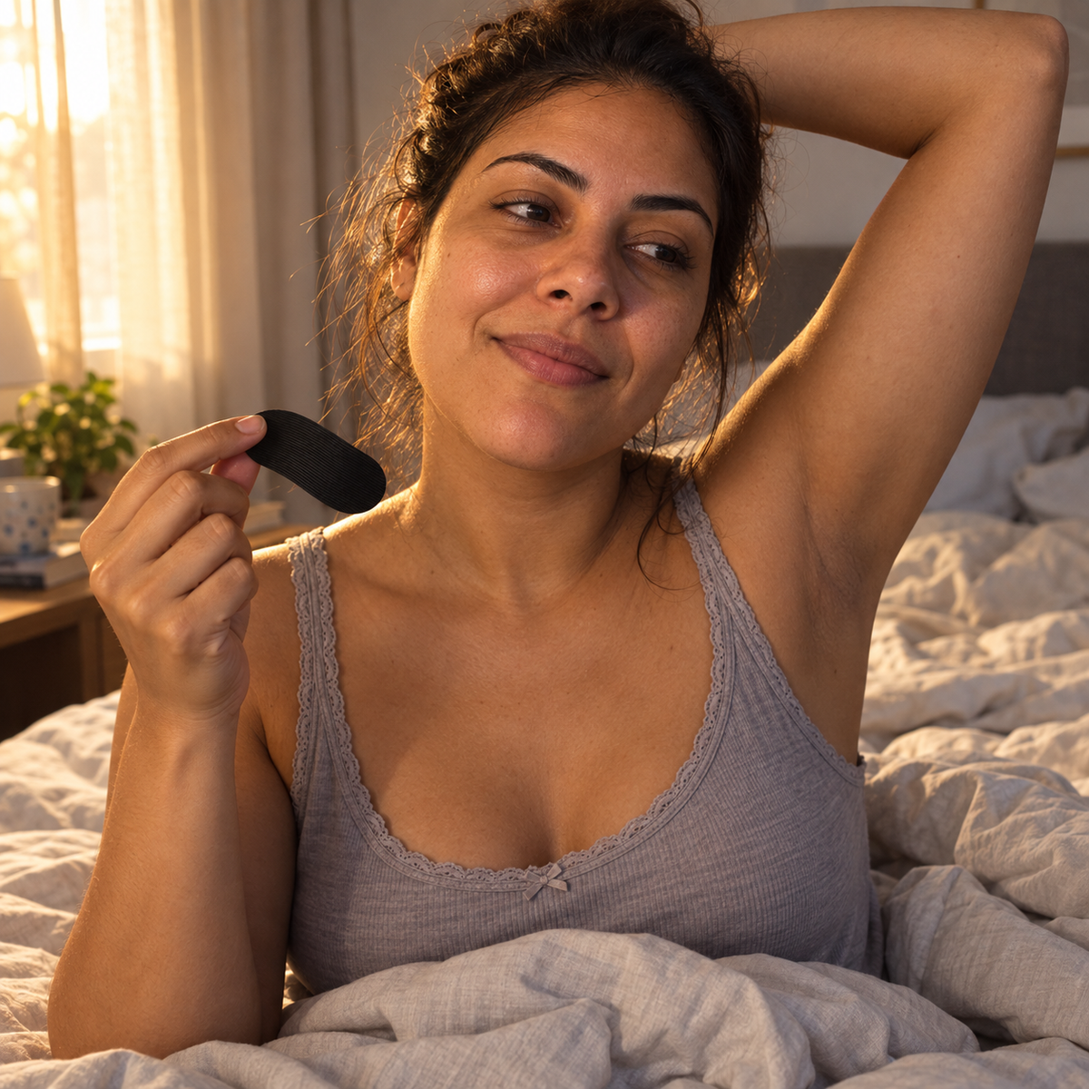 Mulher acordando descansada de manhã segurando a fita bucal Soneca
